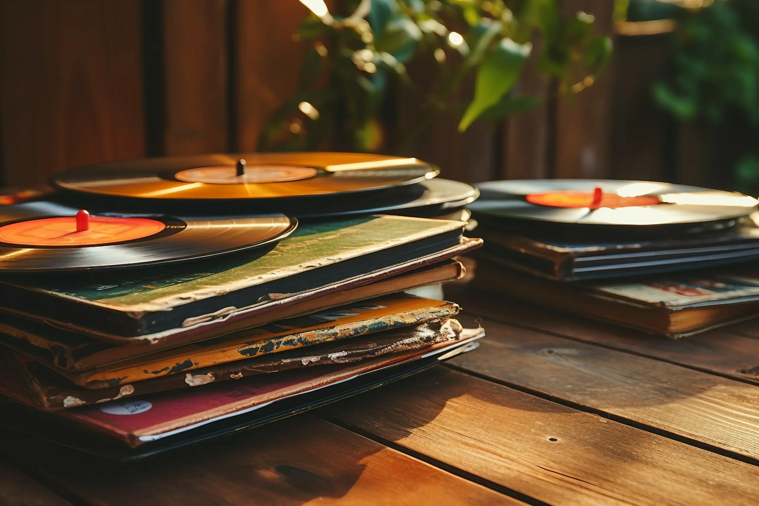 filtered vintage table wooden top record stack records 1960s 1970s 1980 60s 70s 80s abstract album amplifier antique background classic collection cover disco dj fashion filter