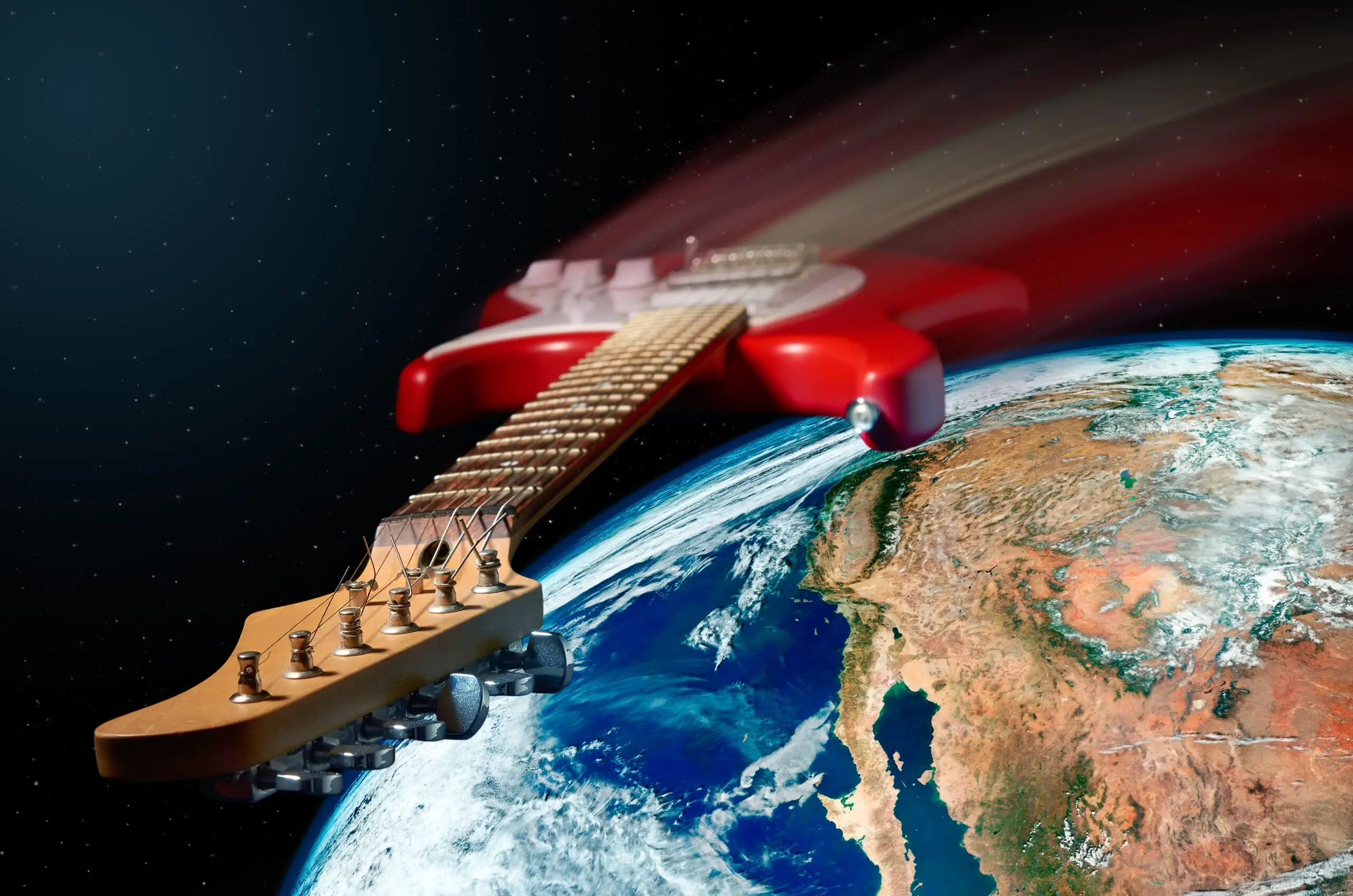 Red,Electric,Guitar,Flying,In,Cosmic,Space.,Elements,Of,This