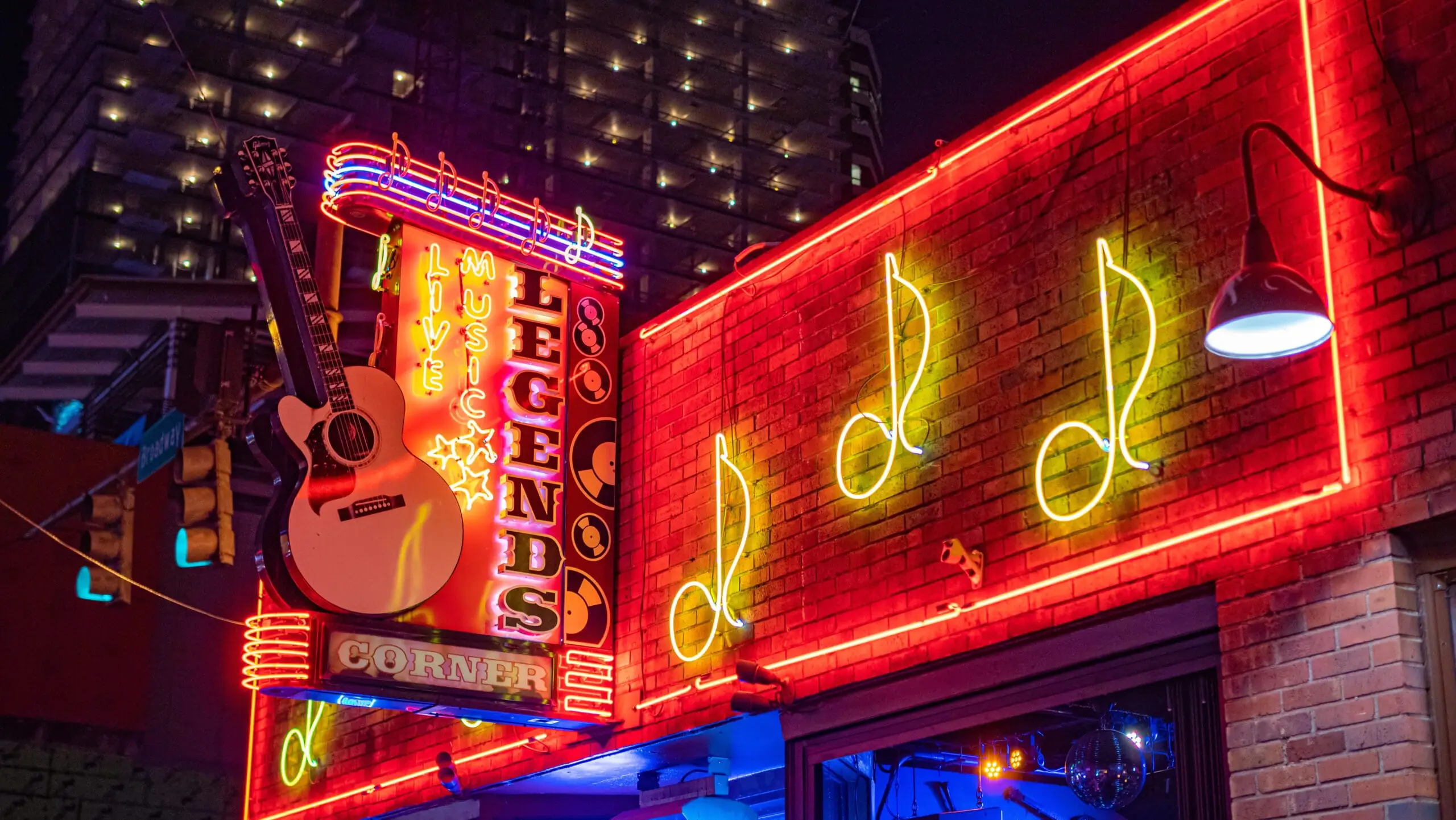 Colorful Legends Corner Nashville at night - NASHVILLE, TENNESSEE - JUNE 15, 2019